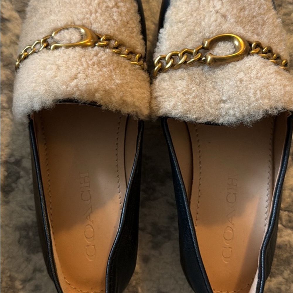 Coach Black Leather Loafers with Cream Shearling and Gold Chain - Picture 1 of 2